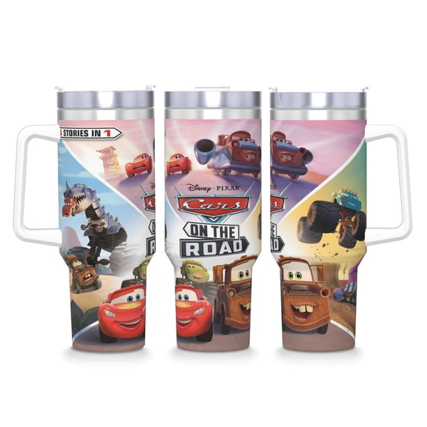 Cars: Aventuras Sobre Ruedas Vaso aislado de acero inoxidable con asa, diseño temático, regalo para familia, amigos y fans; incluye pajita y encaja en el portavasos estándar, 40 oz