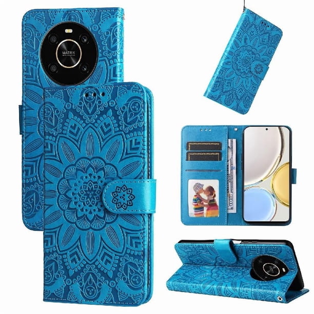 Funda tipo cartera FOXDOCK para Honor Magic 4 Lite 4G/5G , diseño girasol en relieve, cuero PU, cierre magnético, soporte y tarjetero