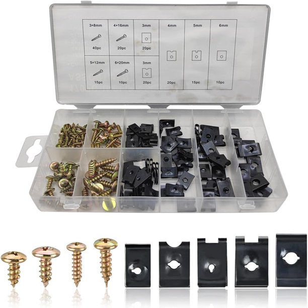 Kit de tornillos Gunhunt 170 piezas, 3 x 8, 4 x 16, 5 x 12 y 6 x 20 mm, con clips U
