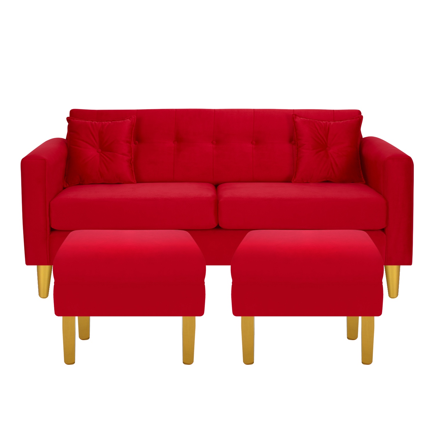 Bodevir - Sofa New Retro 3C + 2 Pouf Felpa 01 Rojo