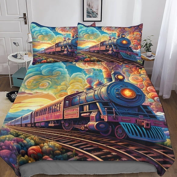 Funda Nórdica Tren De Ensueño Diseño 3d Suave Cómoda Transpirable Funda De Edredón Tren De Hadas Funda De Edredón Ropa De Cama Para Niñas Y Niños Con Almohada 3 Piezas Suave Mic