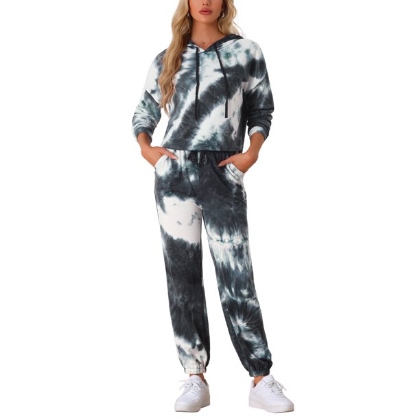INSPIRE CHIC Conjunto de Chándal de Dos Piezas para Mujer con Sudadera con Capucha y Cordón, Estampado Tie Dye, M Negro