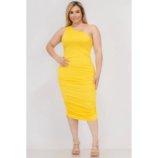Vestido Midi Ajustado de Talla Grande con un Hombro Fruncido en Color Liso Sexy