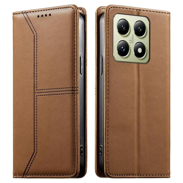 Funda tipo cartera con bloqueo RFID para Xiaomi 14T cubierta magnética de cuero con tapa y soporte Marrón