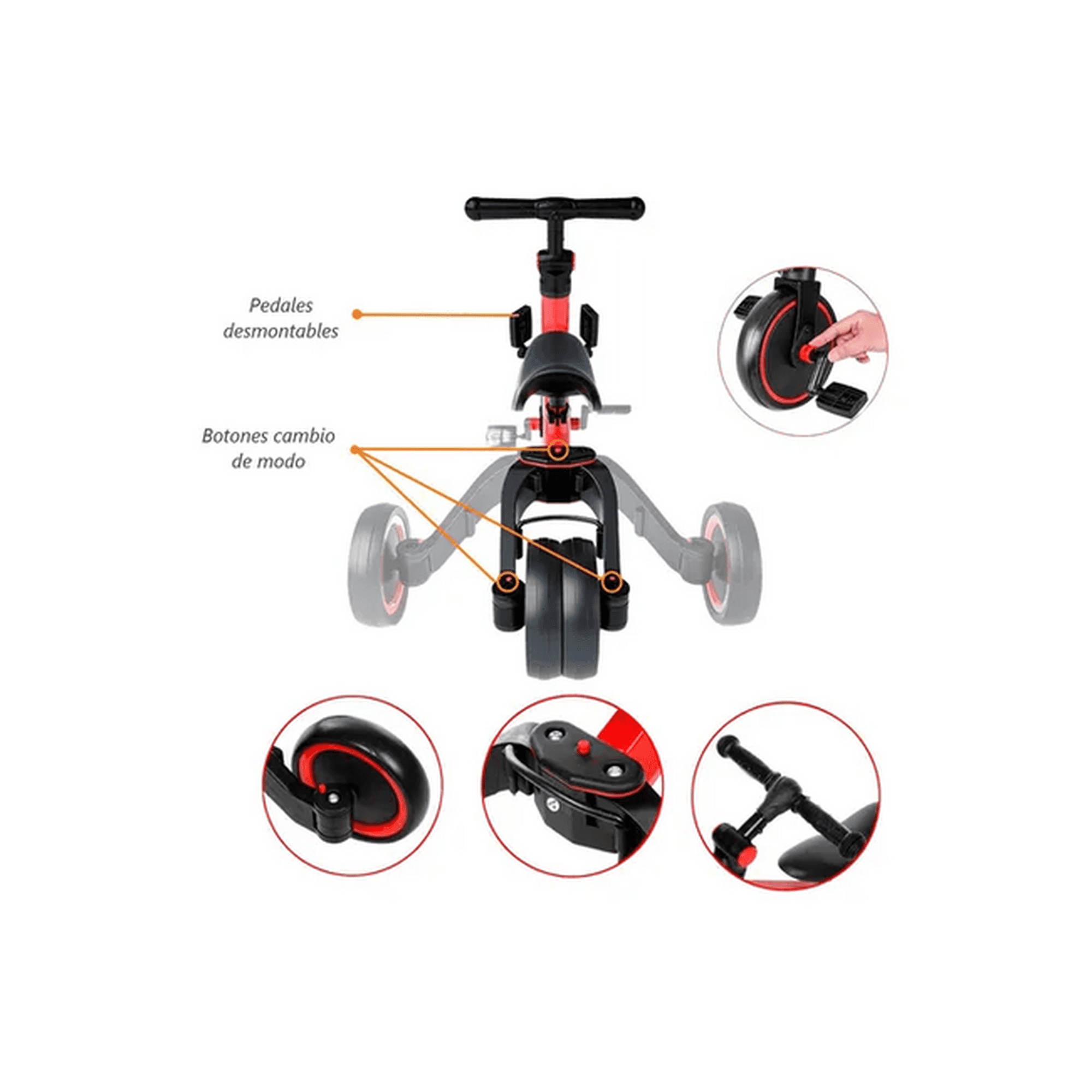 Genérico - Triciclo Correpasillos Multiposiciones En Rojo