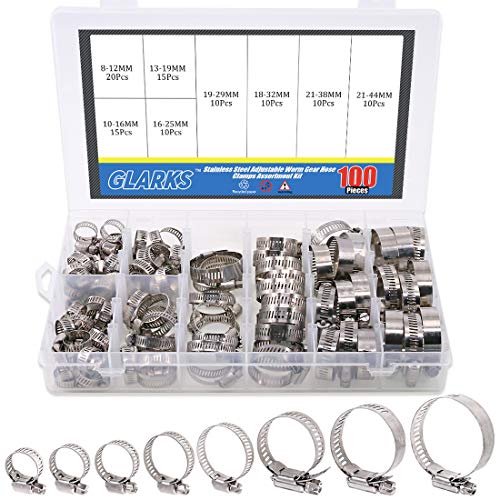 Kit de Abrazaderas para Mangueras Glarks 100 Piezas Ajustables 8-44mm Acero Inoxidable 304