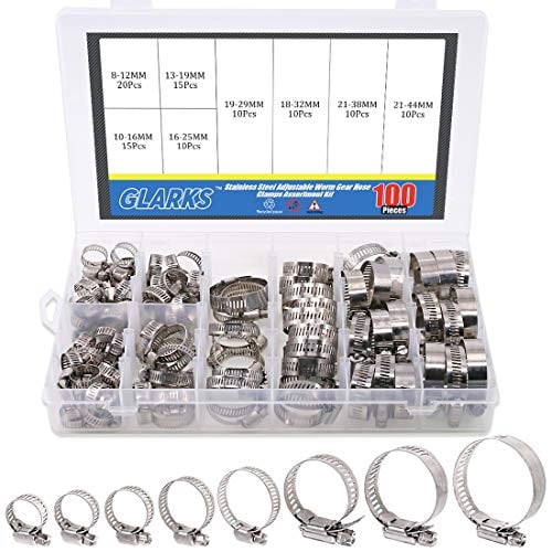 Kit de Abrazaderas para Mangueras Glarks 100 Piezas Ajustables 8-44mm Acero Inoxidable 304