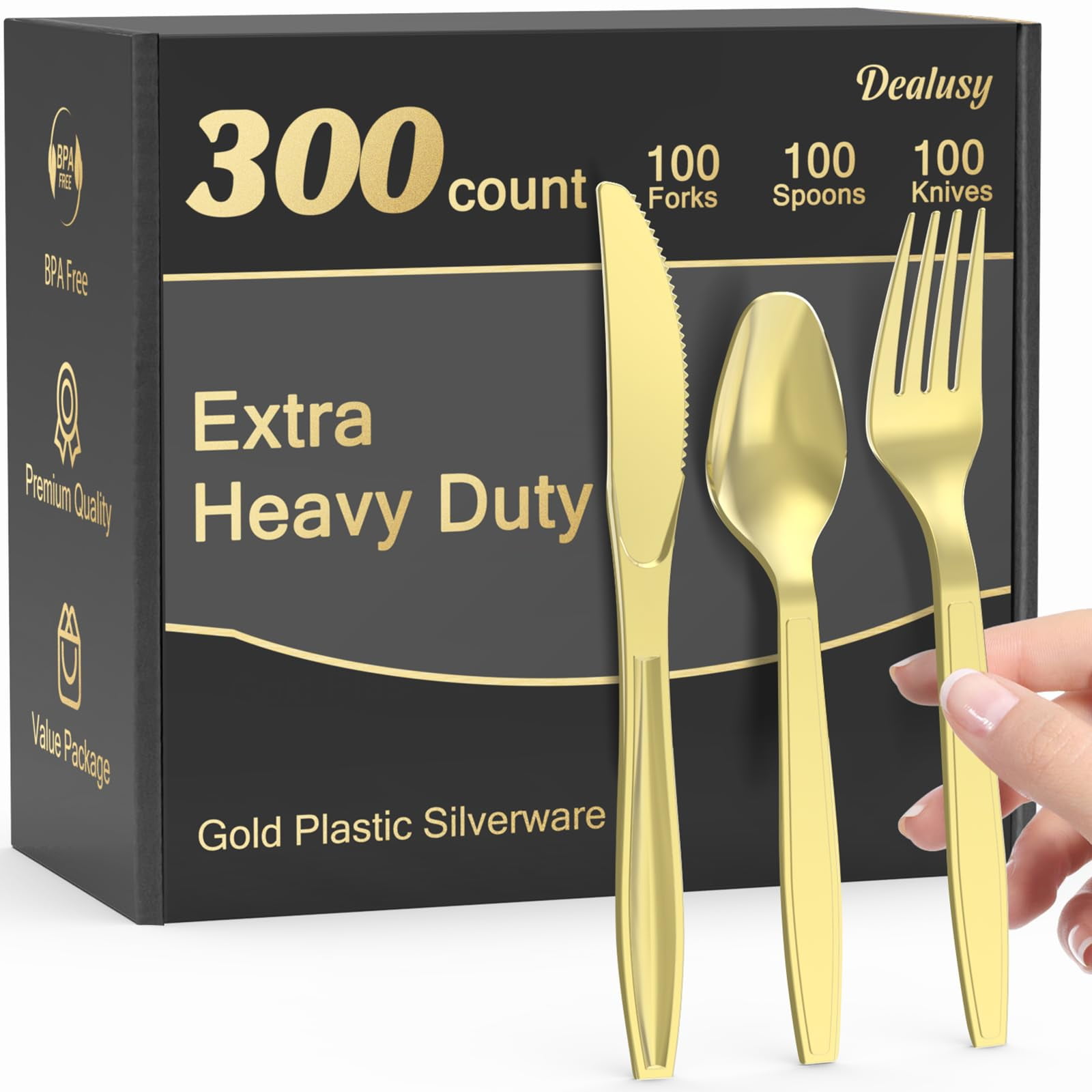 Juego De Cubiertos De Plástico Dealusy, 300 Unidades, Oro, Sin Bpa