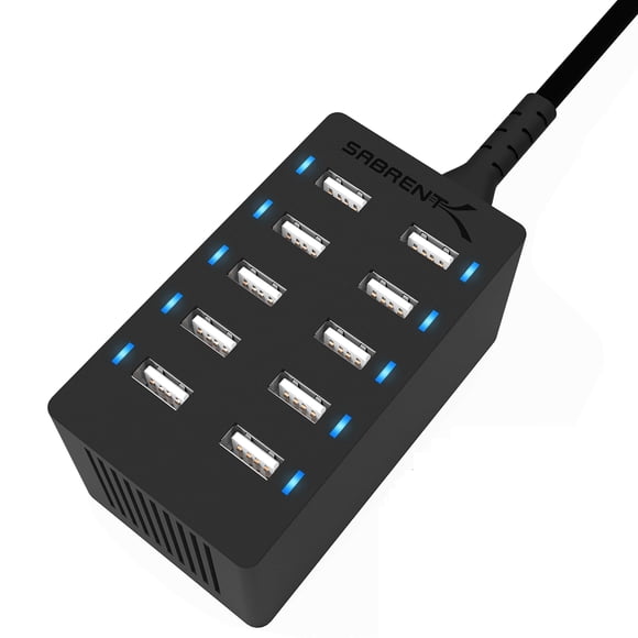 Cargador SABRENT, 60 W, 10 puertos USB, escritorio, detección automática inteligente