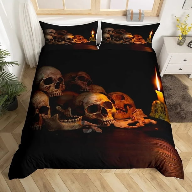 Skull Duvet Cover Golden Crown Bedding Set,3D Printed Halloween Skull with Two Beauty Quilt Cover Set,Crown Comforter Cover Bed Sheets