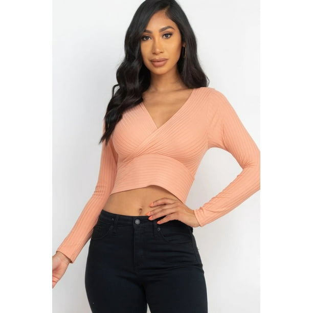 Top Corto De Manga Larga Con Cuello En V Cruzado Y Punto Acanalado Basics Color Tostado (para Mujer)