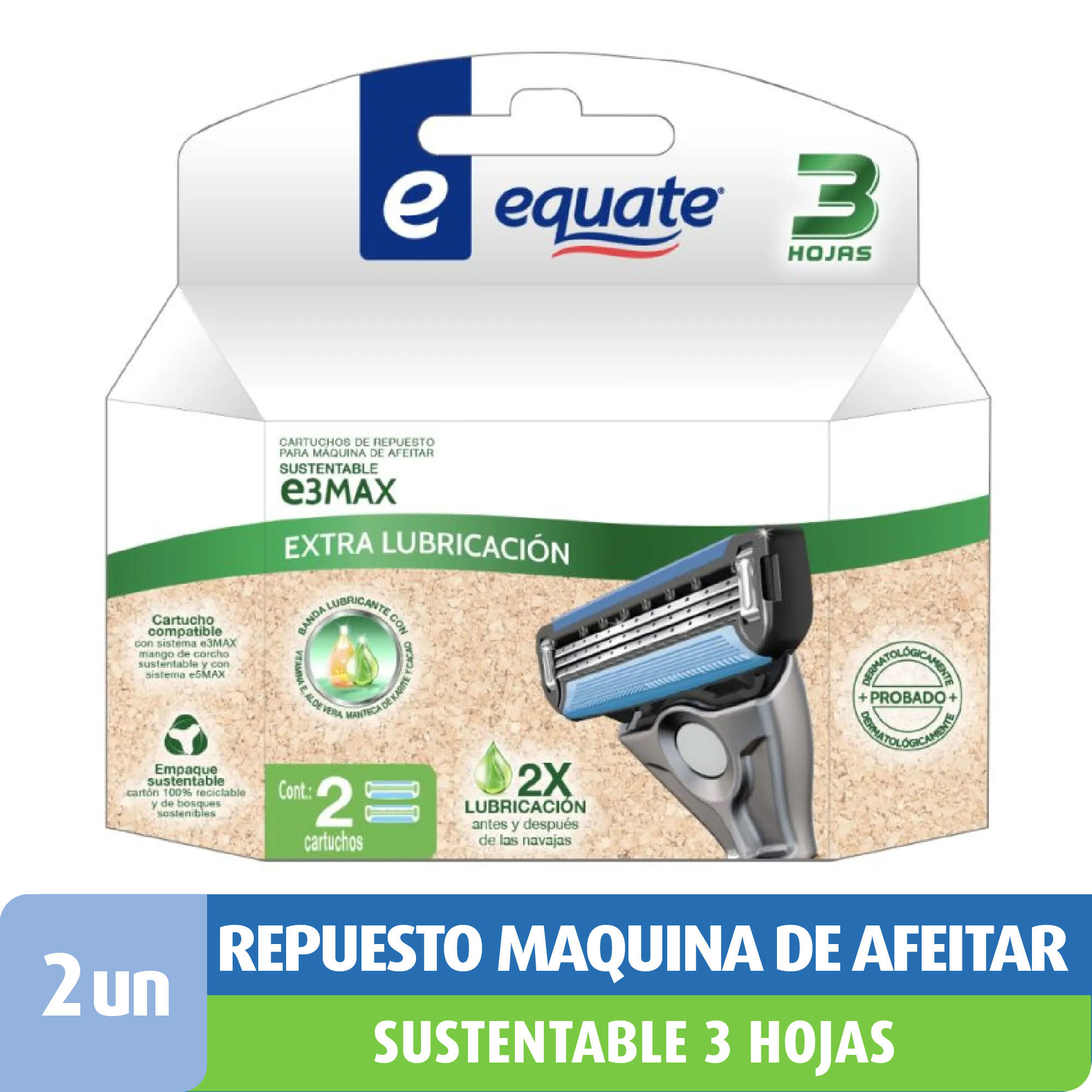 Repuesto Máquina De Afeitar Sustentable Hombre, 3 Hojas 2 un Equate