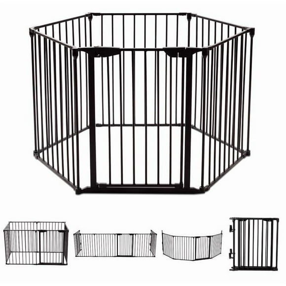 Barrera de Seguridad Multifunción 6 Paneles, Rejilla de Protección de Metal para Chimenea Puertas Escaleras, Parque Recinto para Perros Corralito para Mascotas Valla Plegable, Negro
