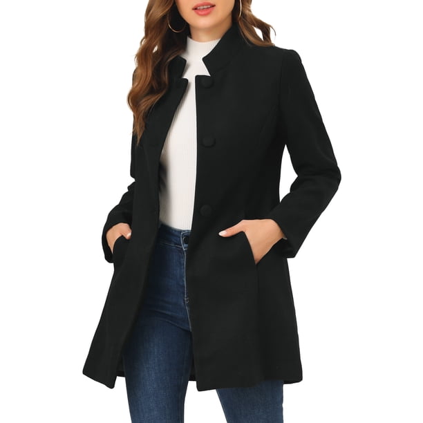 INSPIRE CHIC Abrigo de Mujer de Largo Medio con Cuello Alto, Abotonado, Abrigo de Invierno con Bolsillos Inclinados y Forro Completo Negro Talla S