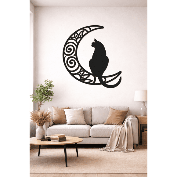 Cuadro Decorativo Gato Luna MDF Negro 48x39cm