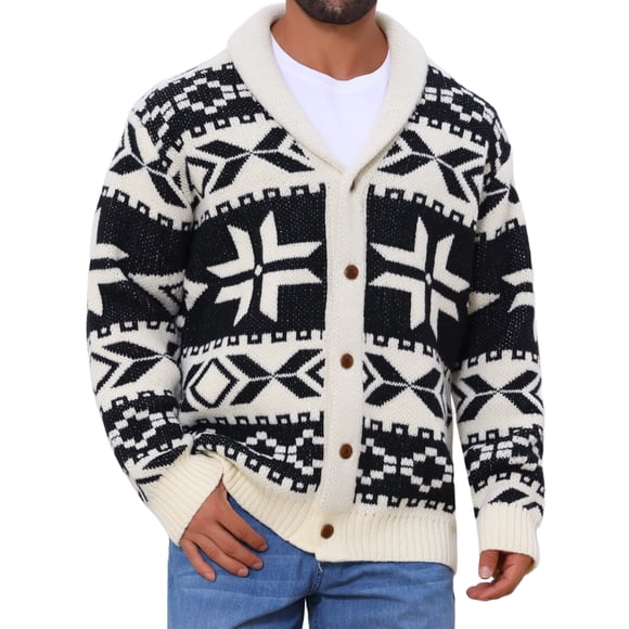 Cárdigan de punto con patrón de botones y cuello chal para hombre, manga larga, L negro beige