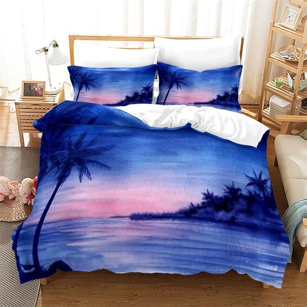 Ocean Duvet Cover Set /Full Tropical Island with The Palm Trees and Sea Beach Nature Theme Print Polyester Bedding Set