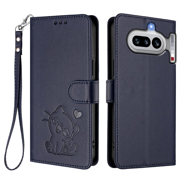 Funda Billetera con Relieve de Gato para Nothing Phone 4A, Azul