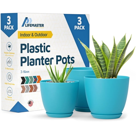 Macetas Lifemaster Blue con orificios de drenaje y platillos, paquete de 3