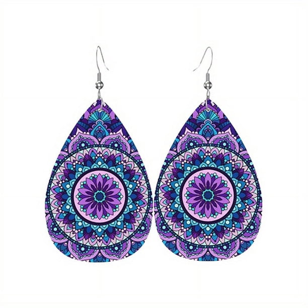 Bohemian Pattern Leather Earring Teardrop PU Dangle Party Earrings For Women Girls