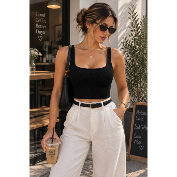 Top Peto Rib Mujer Acanalado Elasticado Sin Mangas Básico negro Talla Única