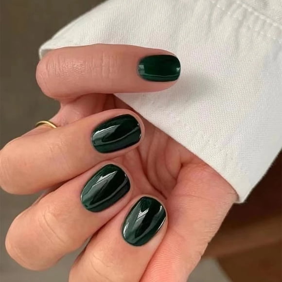 Uñas Press-on Adhesivas Cortas Redondeada 24pcs Postizas Reutilizable Verde Oscuro