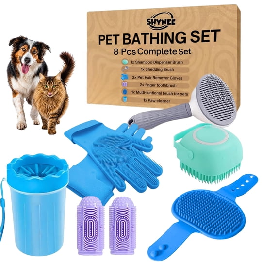 Kit De Aseo Para Perros Shynee De 8 Piezas - Cepillo Con Shampoo, Guantes Y Limpiador De Patas