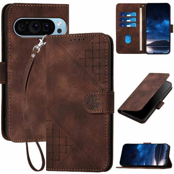 Funda Flip Premium Fibra de Carbono para Google Pixel 9 Pro con Soporte y Cierre Marrón