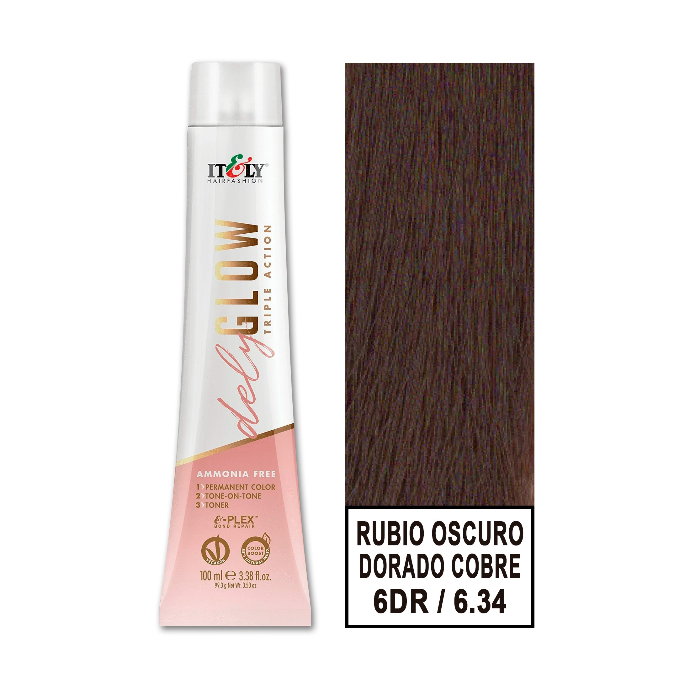 Itely Hair Fashion - Tintura Permanente Sin Amoniaco Delyglow 100Ml (Rubio Oscuro Dorado Cobre 6.34 6Dr)