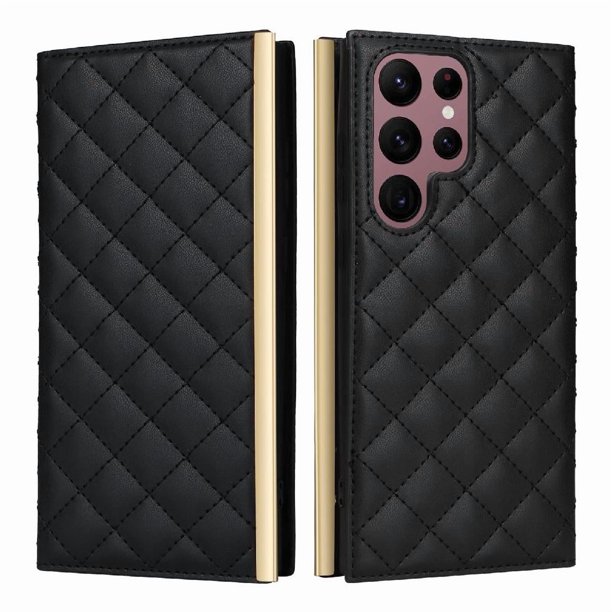 Funda Tipo Cartera Acolchada con Correa para Samsung Galaxy S22 Ultra 5GNegro