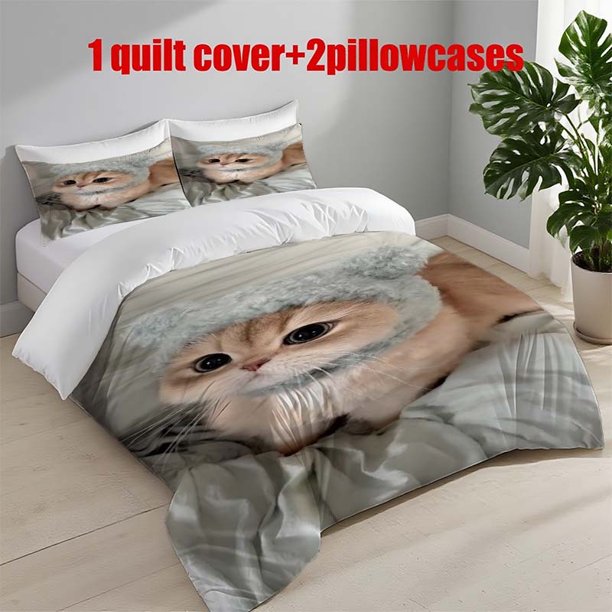 3pcs Cat with Bear Ear Hat Theme Printed Bedding Set | Includes 1 Duvet Cover + 2 Pillowcases All Season