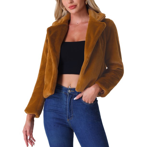 INSPIRE CHIC Chaqueta de Piel Recortada para Mujer Solapa Cardigan Esponjoso Bolero 2026 Invierno Abrigo Corto de Piel Sintética Conjuntos M Marrón
