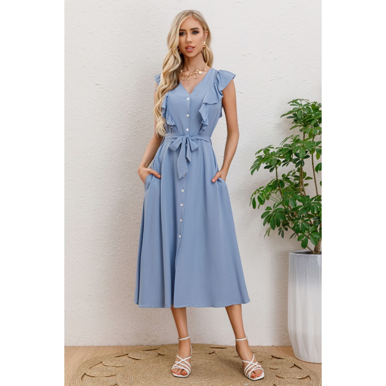 Likeshop - Vestido Largo Primavera Mujer Semi Formal Casual Botones 339