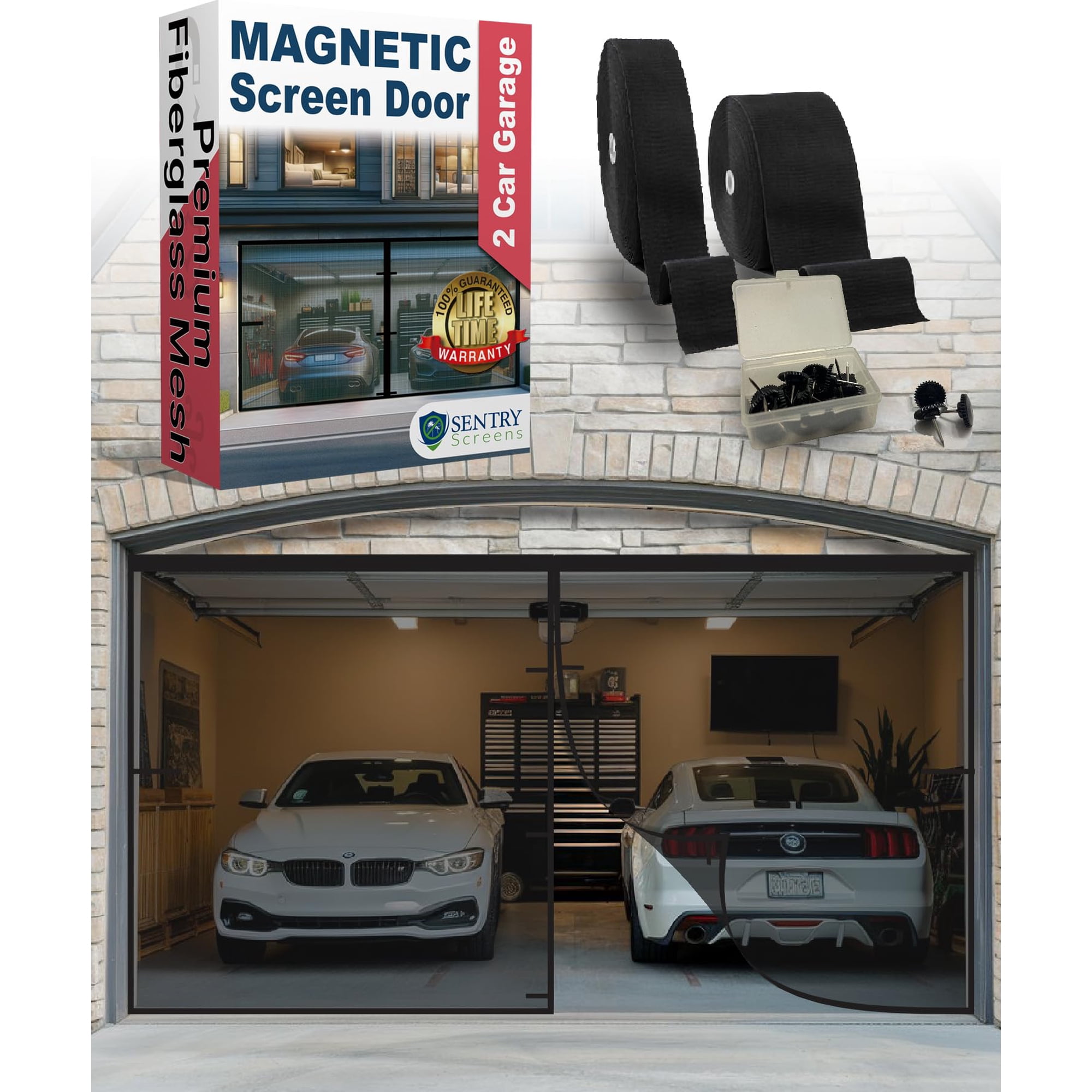 Sentry Magnetic Screen - Pantalla Para Puerta De Garaje Sentry Sentry Para 2 Coches Con Malla Retráctil
