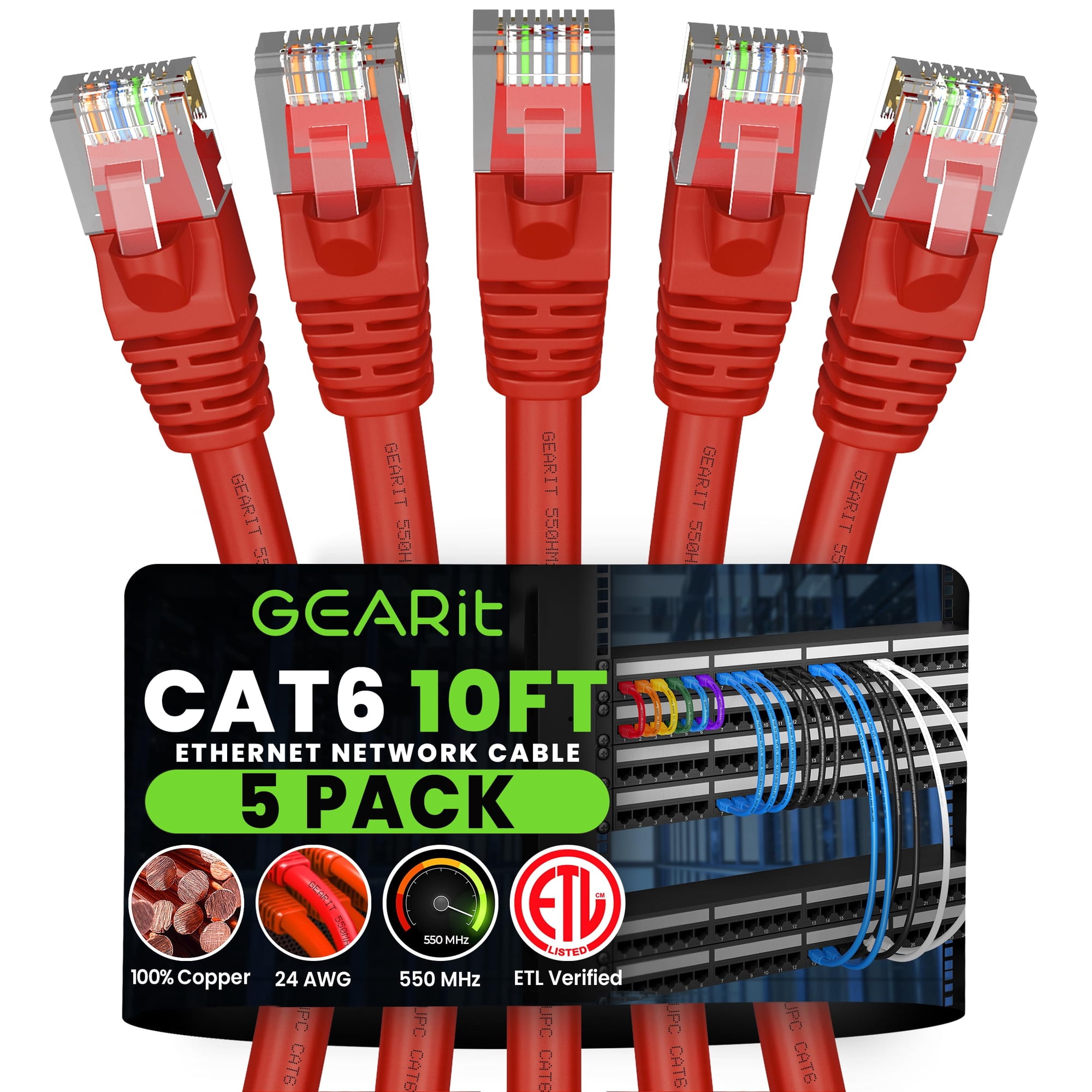 Cable Ethernet Gearit Cat 6 (paquete De 5, 3 M), 10 Gbps Rj45, Rojo