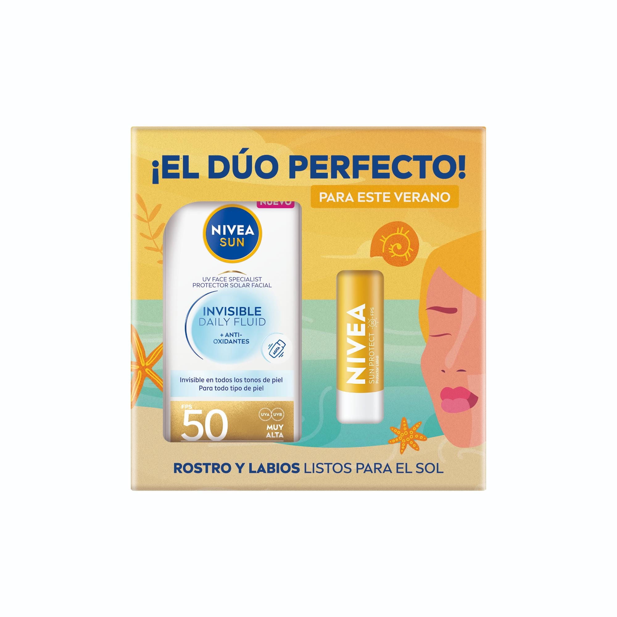 Bálsamo Labial Sun Fps20 + Uv Face Invisible Daily Fluid Fps50 Pack 34.8 g Nivea