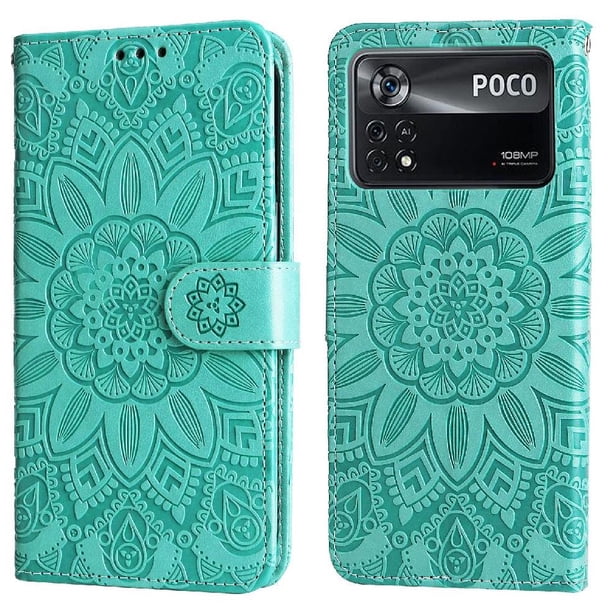Funda tipo cartera FOXDOCK para Xiaomi Poco X4 Pro 5G , diseño girasol en relieve, cuero PU, cierre magnético, soporte y tarjetero