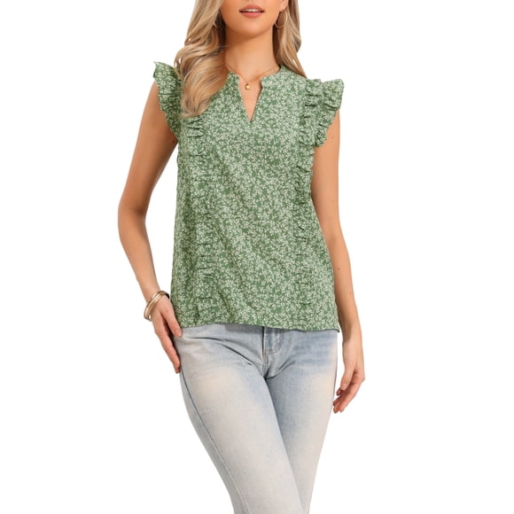 INSPIRE CHIC Blusas de Verano con Volantes de Manga Corta para Mujeres Elegantes de Chifón con Cuello en V Casual Elegantes para el Trabajo L Verde