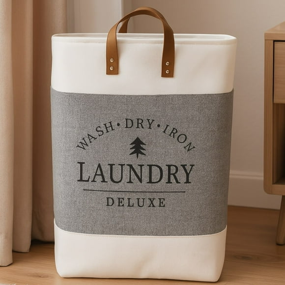 Cesta Canasto para ropa sucia Diseño Deluxe con asas de cuero Gris