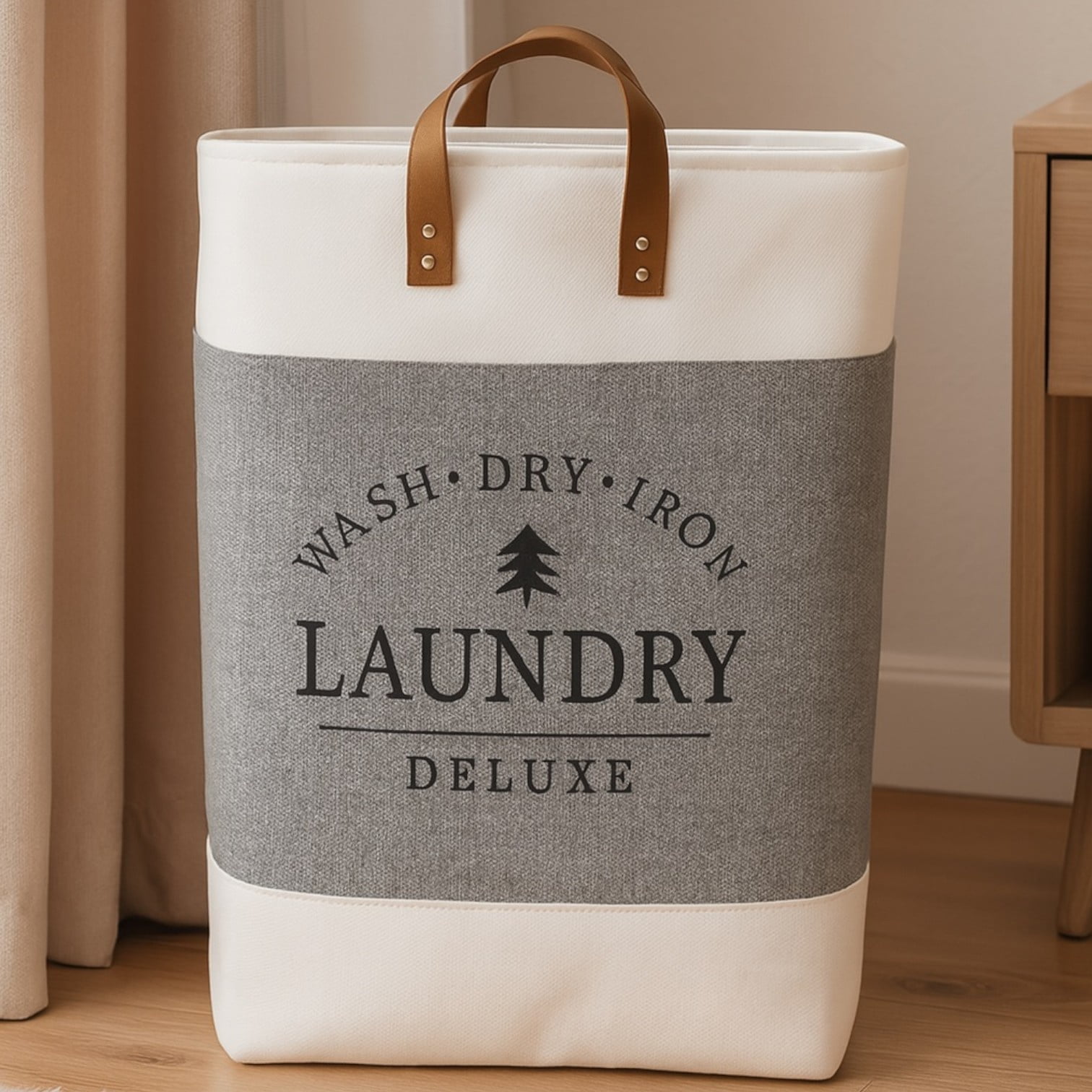 Genérico - Cesta Canasto Para Ropa Sucia Diseño Deluxe Con Asas De Cuero Gris