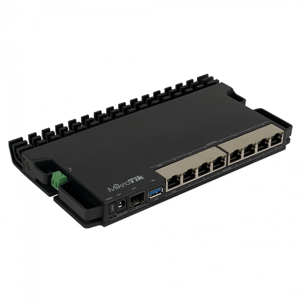 RB5009UPR+S+IN MIKROTIK 7 puertos 1000-PoE (7-entrada/salida) 1 puerto 2500 1 ranura SFP+10G USB L5 Conector-DC Bornera-2pines