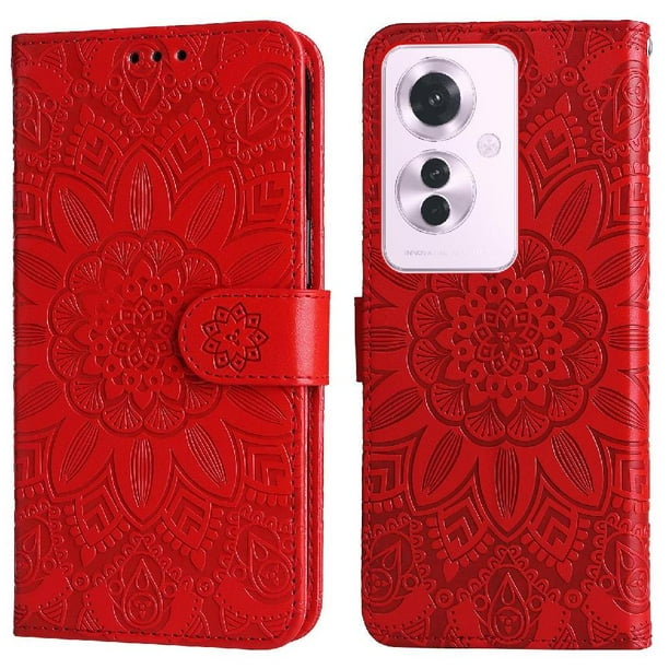 Funda tipo cartera FOXDOCK para OPPO Reno 11F , diseño girasol en relieve, cuero PU, cierre magnético, soporte y tarjetero
