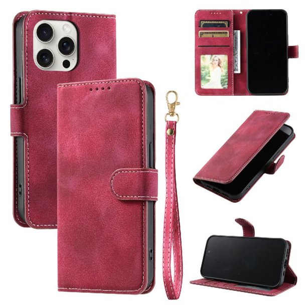 Funda Cartera para iPhone 14 Pro Tapa con Ranuras, Soporte y Correa Rojo