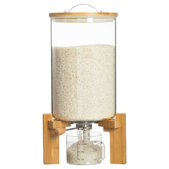 Dispensador de arroz HBlife de vidrio de 8 litros con soporte de madera y taza medidora