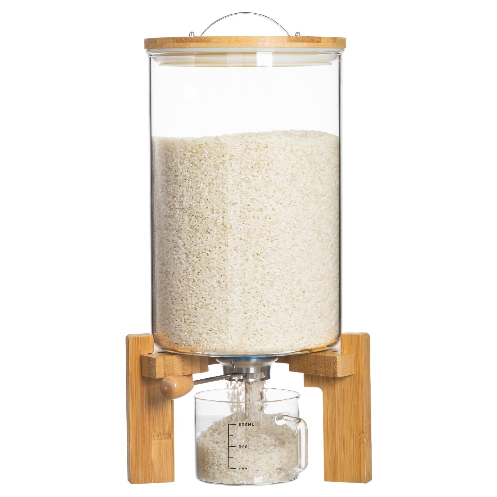 Dispensador De Arroz Hblife De Vidrio De 8 Litros Con Soporte De Madera Y Taza Medidora