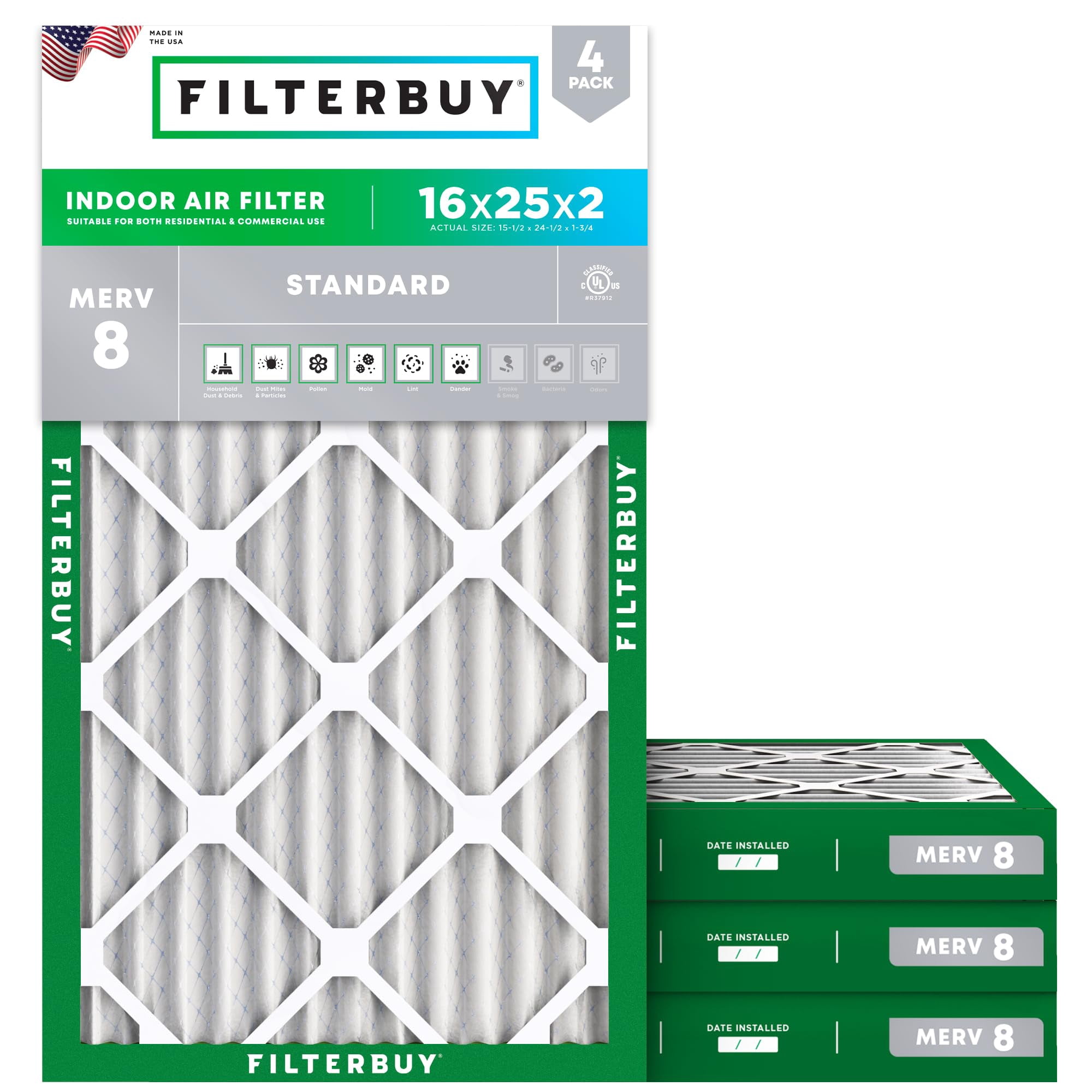 Filtro De Aire Filterbuy 16x25x2 Merv 8 Dust Defense (paquete De 4)