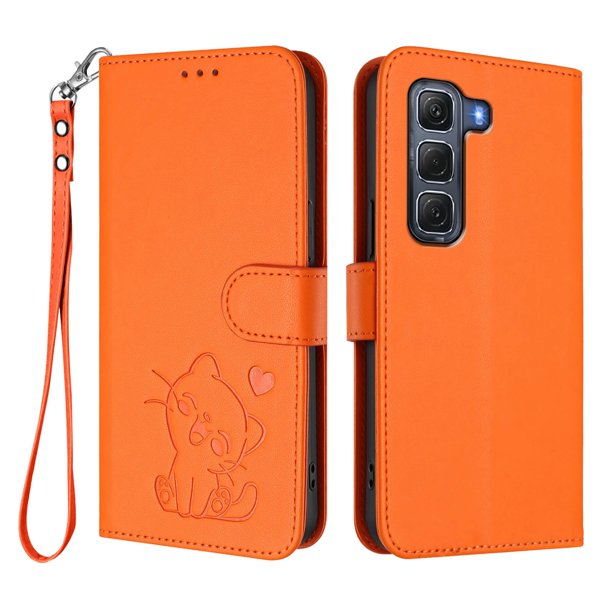 Infinix HOT 60 PRO 4G Funda Billetera con Estampado de Gato, Naranja