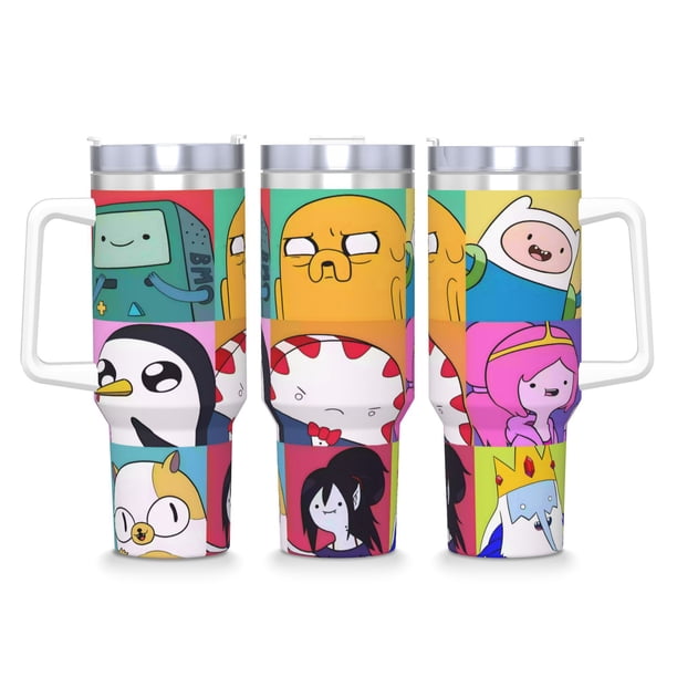 Hora de Aventura Vaso aislado de acero inoxidable con asa, diseño temático, regalo para familia, amigos y fans; incluye pajita y encaja en el portavasos estándar, 40 oz