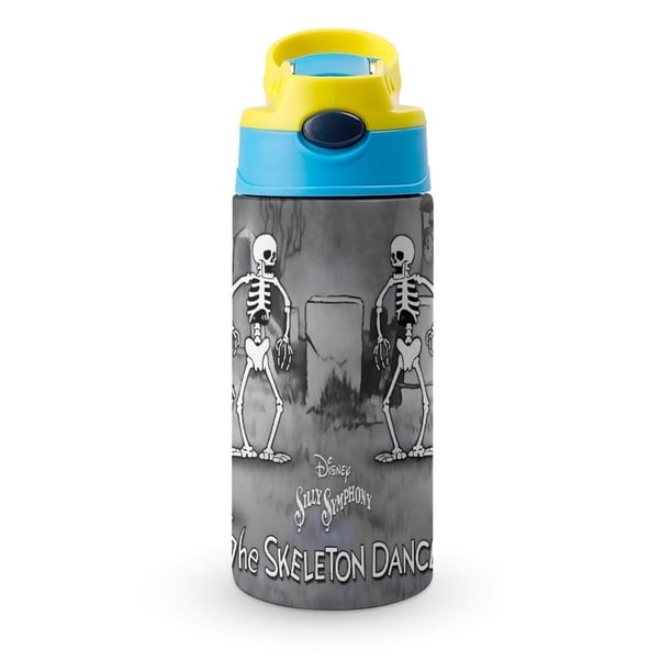Familia de Esqueletos Espeluznantes Bailando Botella de Agua con Tapa Pop Top de Un Toque, Acero Inoxidable, a Prueba de Fugas, para Deportes, Botella Infantil azul 12 oz