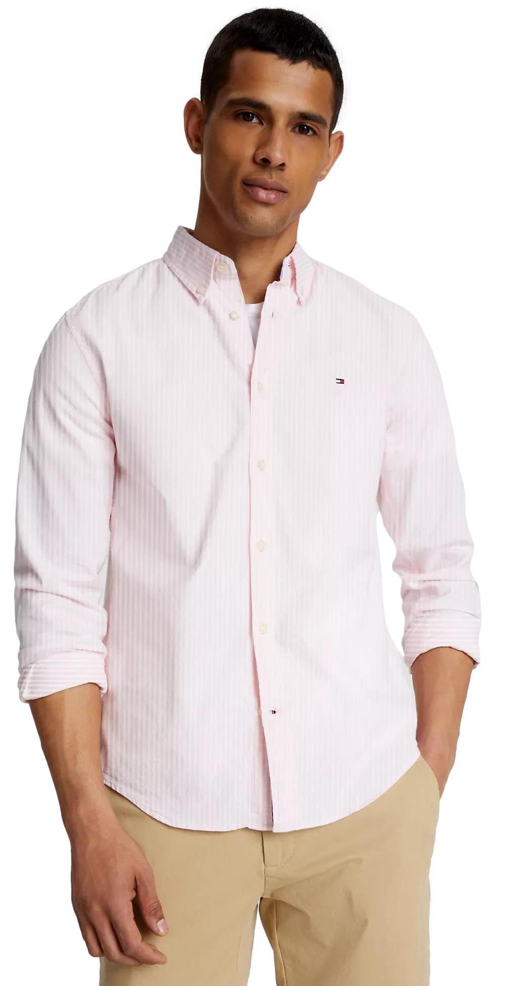 Camisa Tommy Hilfiger Para Hombre, Manga Larga, Oxford, A Rayas, Rosa, S